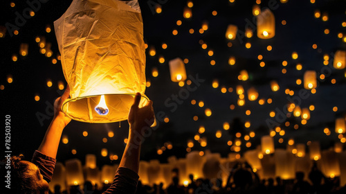 A person raises a lantern overhead, illuminating the surroundings with a warm glow against a dark sky