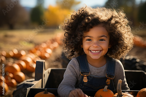 A young female child sits contently inside a wagon brimming with vibrant pumpkins photo