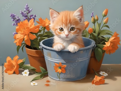 Cute clipart of orange kittens and flowers in a bucket of water