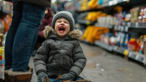 A child is crying in a store. childish hysteria. parental patience. formation of the child's psyche. boy screaming photo