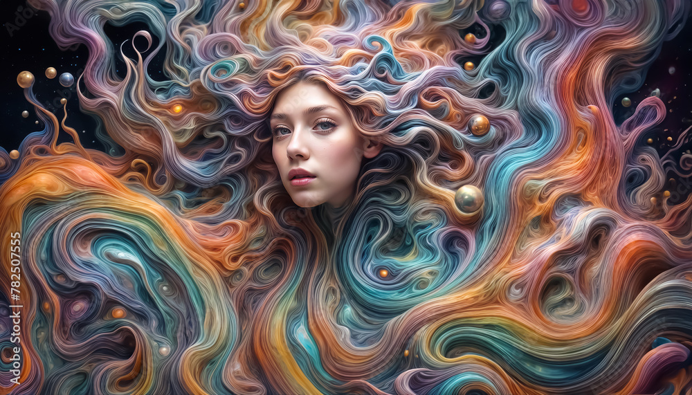 Beautiful fantasy girl. Surreal woman. Long multi-colored hair. The hair is woven into threads and streams of dye