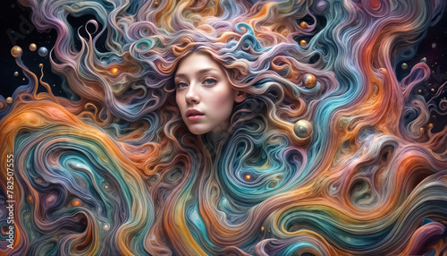 Beautiful fantasy girl. Surreal woman. Long multi-colored hair. The hair is woven into threads and streams of dye