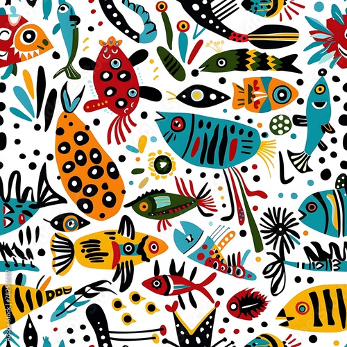 art drawing seamless pattern stylized fish creatures, tile wallpaper background child painting