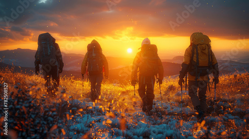 Silhouettes of four young hikers with backpacks are walking in mountains at sunset time. © Matthew