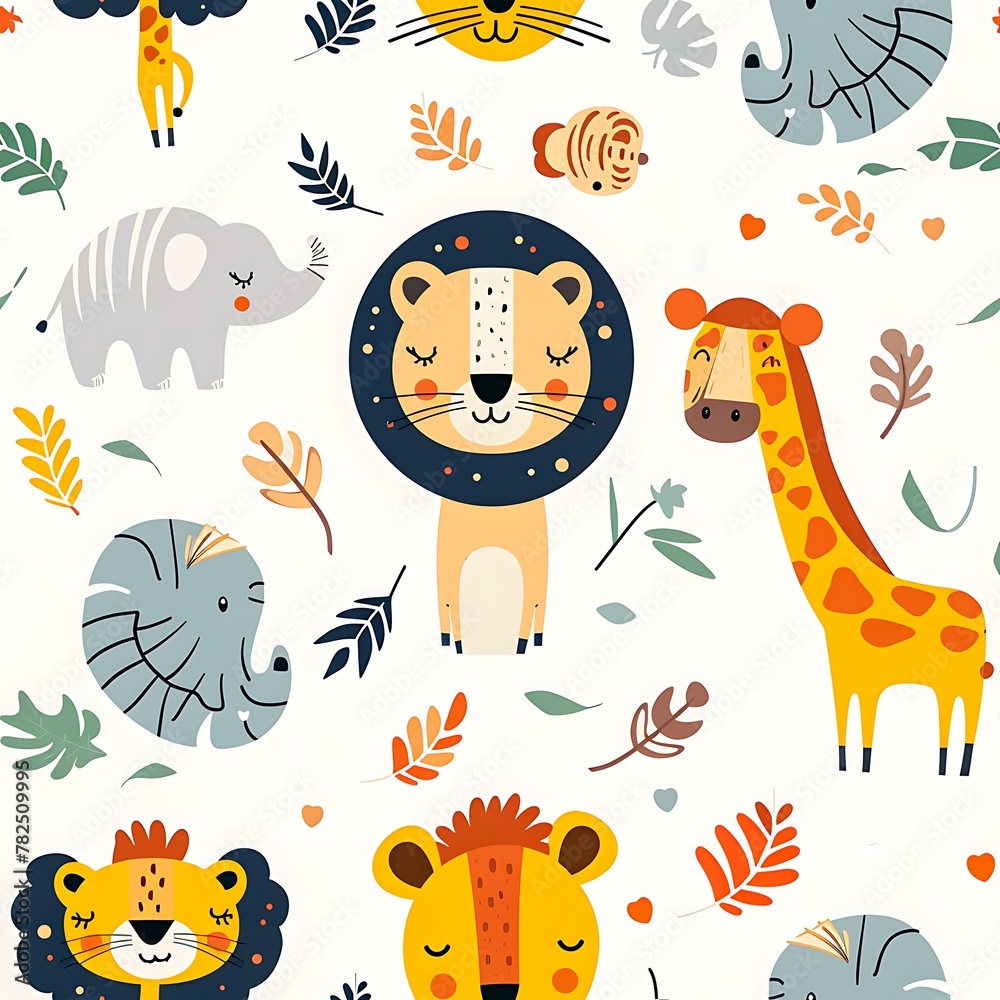 Fototapeta premium zoo animals seamless patern, lion giraffe elephant pictures, wallpaper for children on white background, wildlife tile