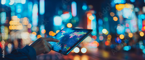 Nighttime cityscape becomes a backdrop for hands using a tablet with dynamic financial charts. Digital modern technologies with artificial intelligence. Smart home. Banner. Copy space photo