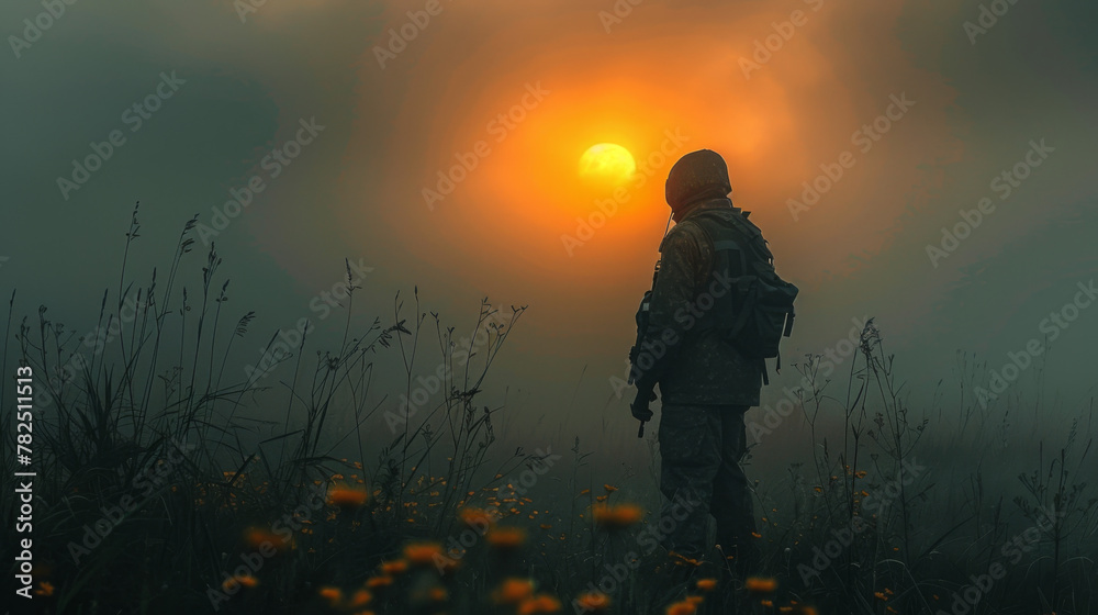 Silhouette of a soldier in the fog. Silhouette of a soldier in the fog.
