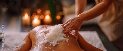 Over-the-shoulder view of a spa treatment with hands applying salt scrub on a client s back  creating a sense of relaxation. Banner. Copy space