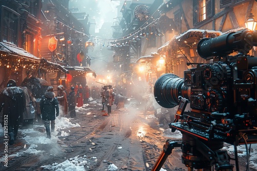 A camera capturing a snowy street scene in the city