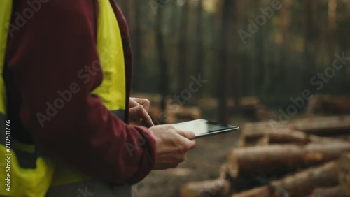 Surrounded by forests, logger engineer in safety helmet and a bright vest records information on his tablet. By checking the data on the trees cut down he is convinced of the effectiveness of his work photo