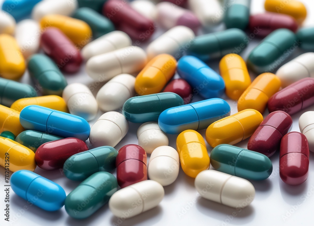 An Array of Pharmaceutical Capsules. This image displays a variety of colorful pharmaceutical capsules scattered across a pristine white surface. 