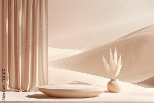 A subtle podium against a desert backdrop with elegant drapes offers a refined stage for products, infused with warm desert hues and copy space.