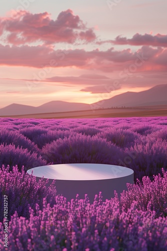 A serene product display podium set against a majestic lavender field bathed in the warm glow of a setting sun  providing ample copy space.