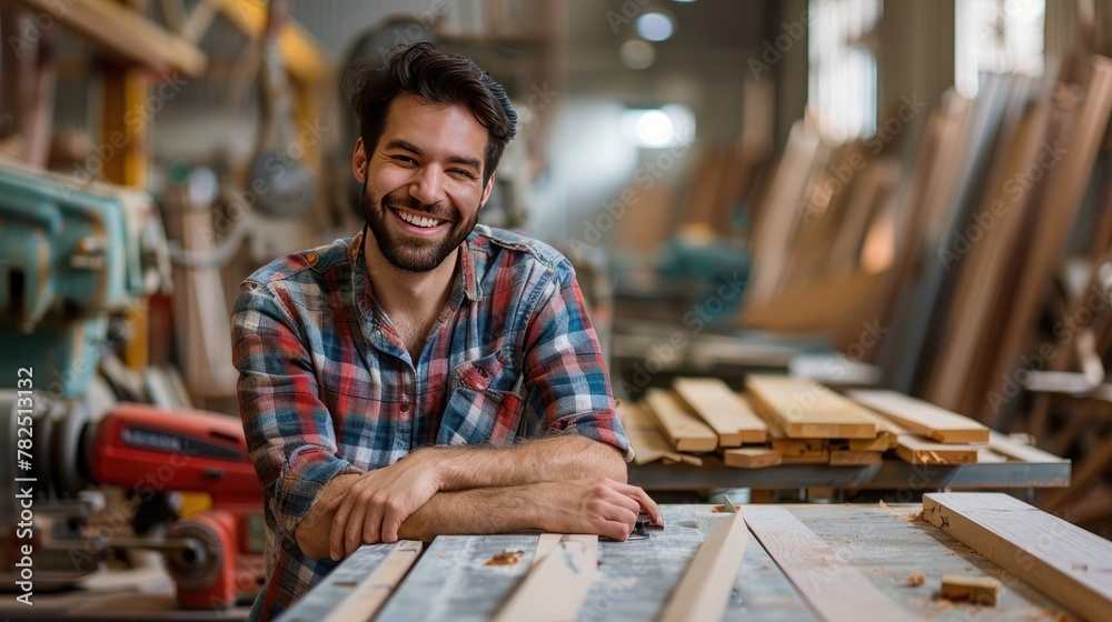 Obraz premium Happy bearded man in a flannel shirt smiling in a wood workshop filled with timber and tools