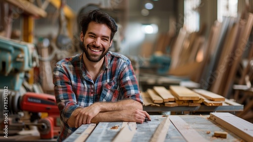 Smiling young carpenter working with machinery in a workshop, soft tones, fine details, high resolution, high detail, 32K Ultra HD, copyspace photo