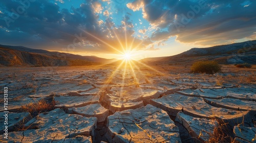 Sunlight piercing through a dry, cracked landscape, epitomizing drought and climate change, soft tones, fine details, high resolution, high detail, 32K Ultra HD, copyspace
