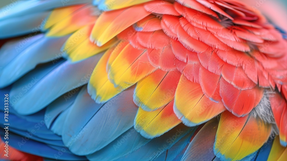 A vibrant close-up of colorful feathers, likely from a macaw A vibrant close-up of colorful feathers, likely from a macaw