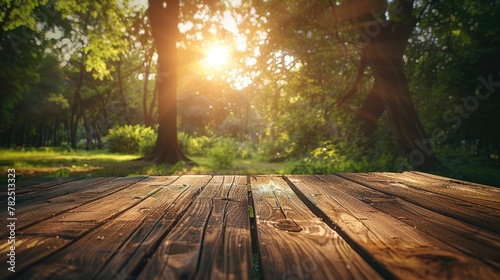 Warm sunshine over a wooden table in a lush nature park, soft tones, fine details, high resolution, high detail, 32K Ultra HD, copyspace