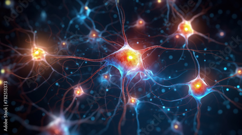 Detailed representation of glowing brain neurons. Activated neural network of the brain. Brain function, science and medical research, neural activity, learning and cognition concepts.