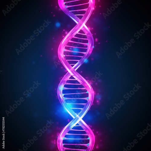 Purple DNA strand with neon glow effect on black background. Abstract representation of shiny, glowing DNA molecule. Science and research concept.