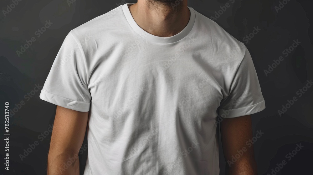 The image showcases a man dressed in a simple yet classic white t-shirt. The image showcases a man dressed in a simple yet classic white t-shirt.