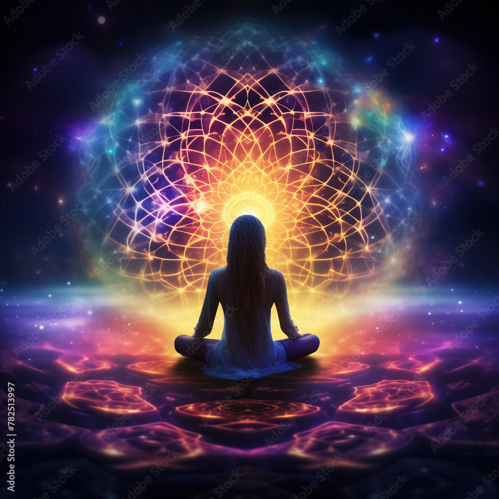Silhouette of a meditating woman facing a colorful floral mandala glowing in the dark. Vibrant energy surrounding the person. Meditation, power of the mind, energy work, spirituality. Silhouette of a meditating woman facing a colorful floral mandala glowing in the dark. Vibrant energy surrounding the person. Meditation, power of the mind, energy work, spirituality.