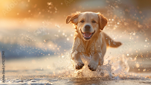 dog runs splash in water at the beach photo