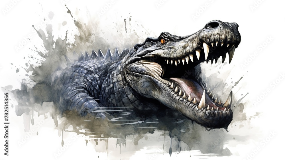 Fototapeta premium Angry crocodile in watercolor hand drawn style isolated on white background.
