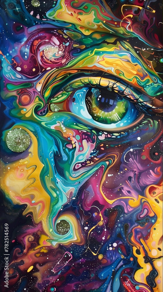 abstract colorful picture depicting a eye human amid swirls of bright colors and fancy shapes. intuition concept, inner eye