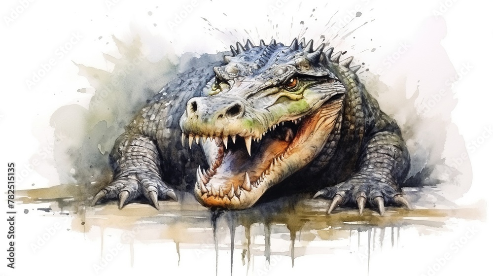 Obraz premium Angry crocodile in watercolor hand drawn style isolated on white background.