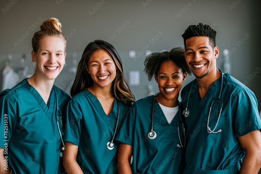 Portrait a diverse group of young diverse male and female doctors standing in hospital corridor smiling to camera. Healthcare and medicine Portrait a diverse group of young diverse male and female doctors standing in hospital corridor smiling to camera. Healthcare and medicine