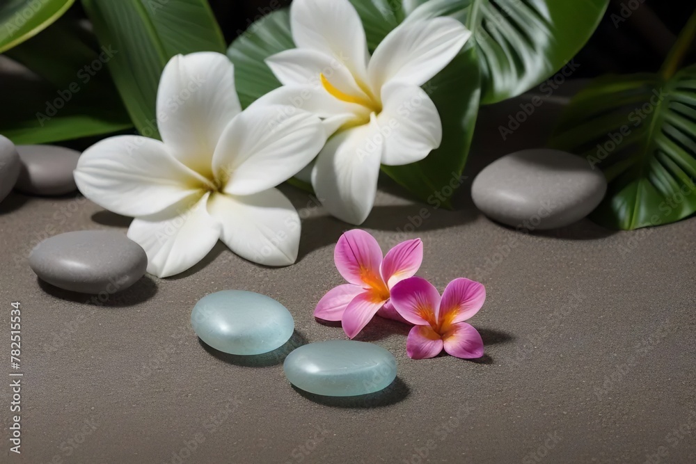 Immerse in the tranquility of a spa retreat with this image. It showcases a harmonious blend of smooth spa stones and vibrant flowers, symbols of relaxation and rejuvenation. Immerse in the tranquility of a spa retreat with this image. It showcases a harmonious blend of smooth spa stones and vibrant flowers, symbols of relaxation and rejuvenation.