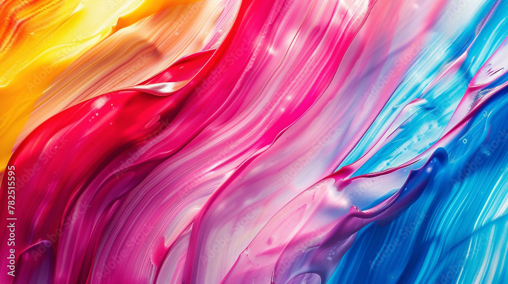 Bold strokes of vibrant hues converge fluidly, producing an energetic gradient pattern. - obrazy, fototapety, plakaty 