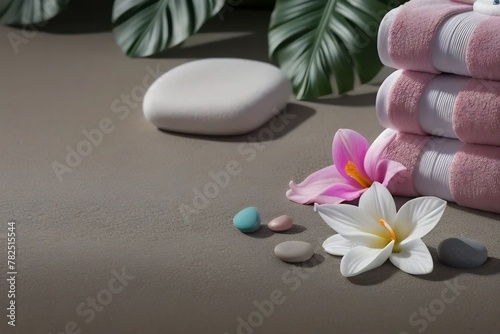 Immerse in the tranquility of a spa retreat with this image. It showcases a harmonious blend of smooth spa stones and vibrant flowers  symbols of relaxation and rejuvenation.