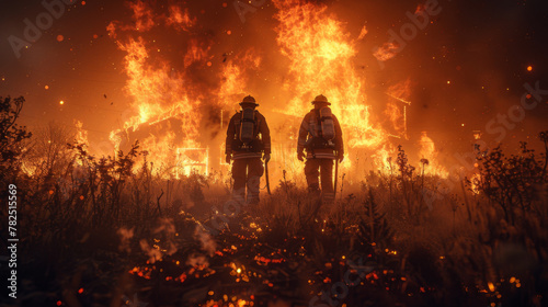 Silhouette of Firemen fighting a raging fire with huge flames of burning timber.