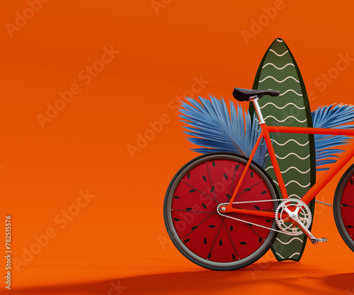 Summer concept background with copy space. Bicycle with surf board and palm leaf on vibrant orange background. 3D Rendering, 3D Illustration