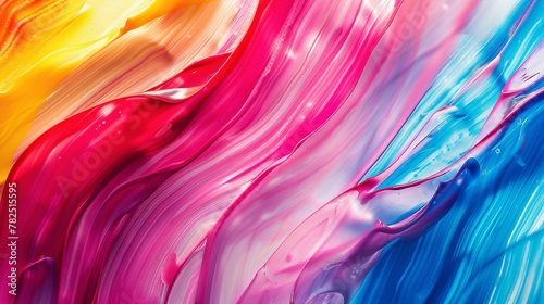 Bold strokes of vibrant hues converge fluidly, producing an energetic gradient pattern.