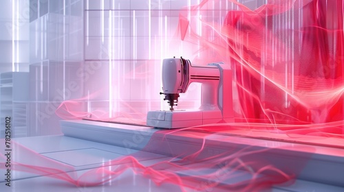 Futuristic Robotic Sewing Machine with Glowing Red Light Trails Showcasing Innovation in Textile Manufacturing