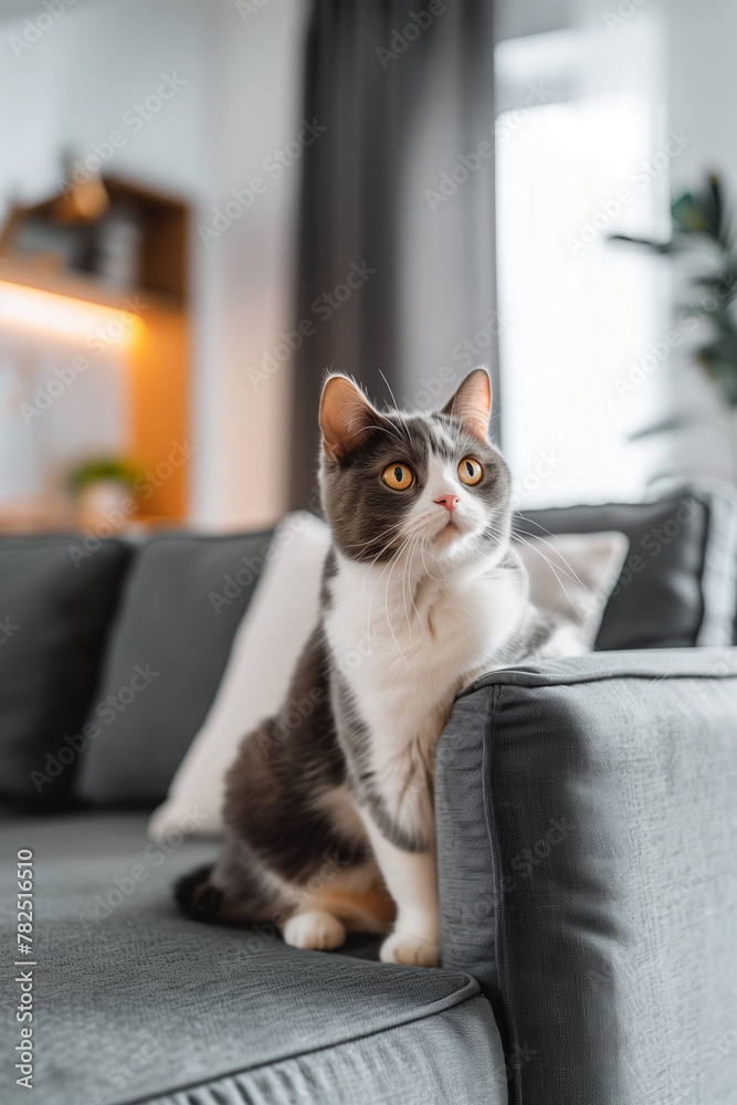 Beautiful fluffy cat is sitting on gray sofa in the living room.