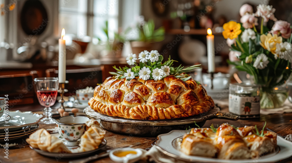 A pie with a lattice crust and raspberries on top sits on a wooden table. The table is surrounded by flowers and other baked goods. The pie looks delicious and inviting