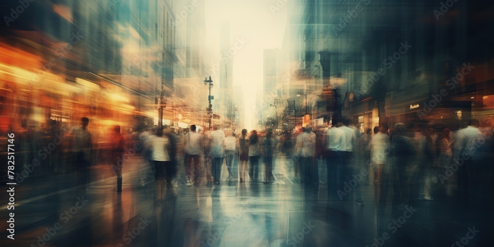 Bustling city street crowds of people moved in blur motion -, concept of Urban hustle
