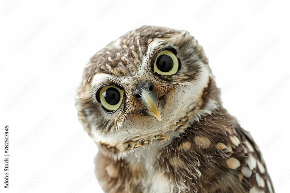 Fototapeta premium A highly detailed close-up of a young owl with immense, curious eyes and intricate feather patterns on a white background