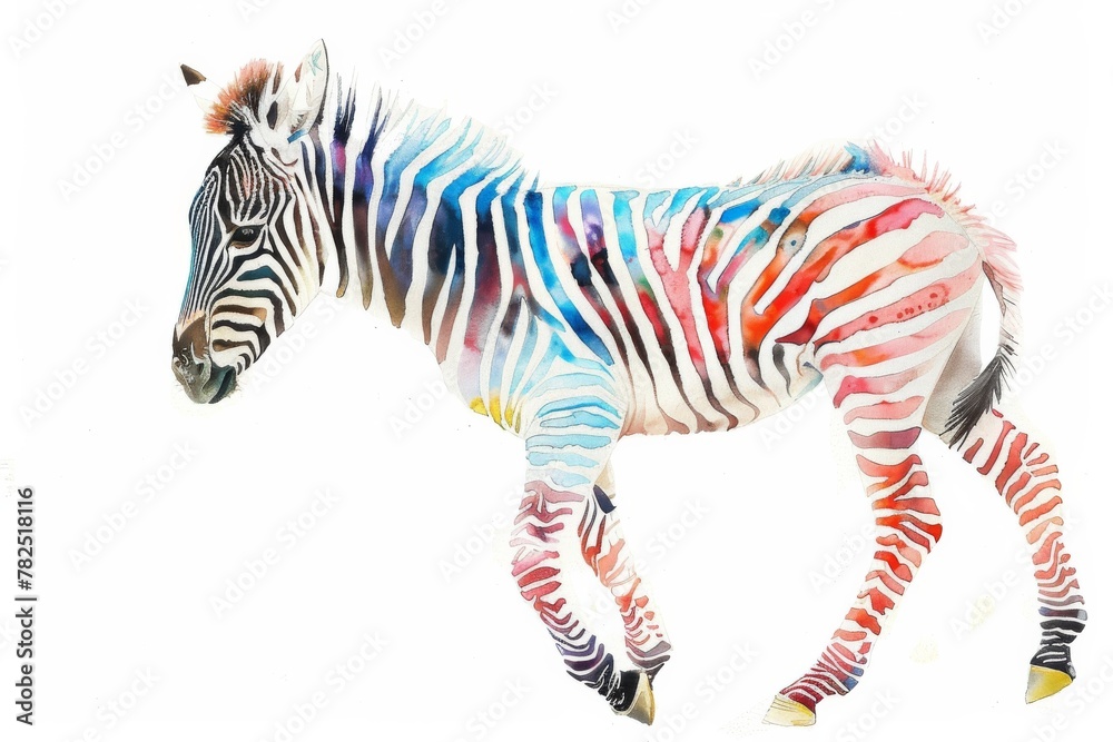 Fototapeta premium Artistic interpretation of a zebra with a splash of watercolor rainbows symbolizing diversity and uniqueness