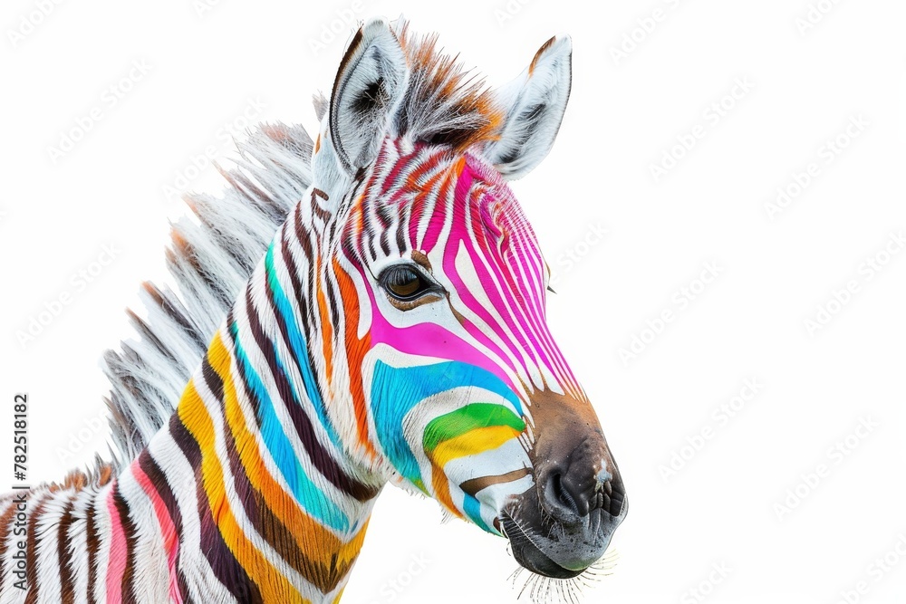 Fototapeta premium Close-up of a zebra with rich multicolored stripes, portraying a serene and artistic depiction of wildlife