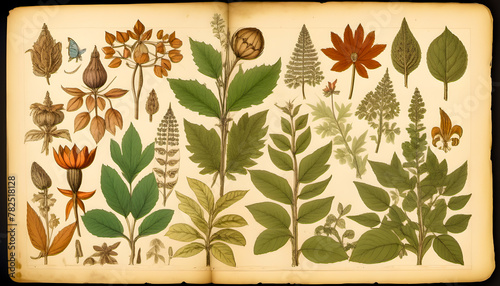 Pages from a vintage book with drawings of plants on old yellowed and stained paper.
