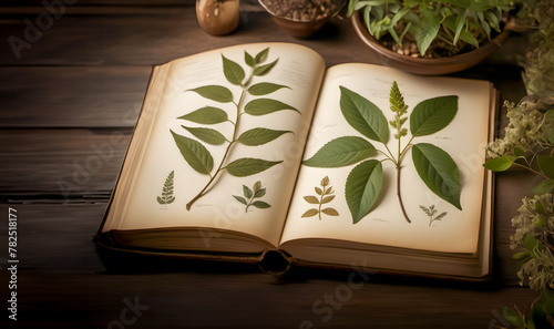 Book with vintage drawings of plants on old yellowed and stained paper lying on a wooden table.