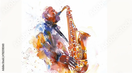 Watercolor painting captures a passionate saxophonist engrossed in music, face omitted