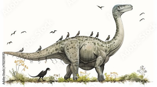 Detailed illustration of a large sauropod dinosaur with small birds perched on it against a prehistoric backdrop
