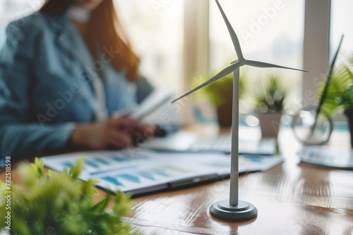 An office setting with a person analyzing reports next to a miniature wind turbine model, representing sustainable energy