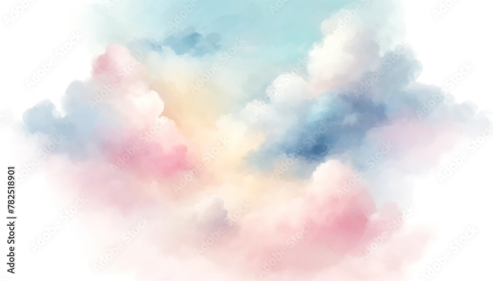 Soft, pastel-colored clouds in an abstract watercolor style against a light background.